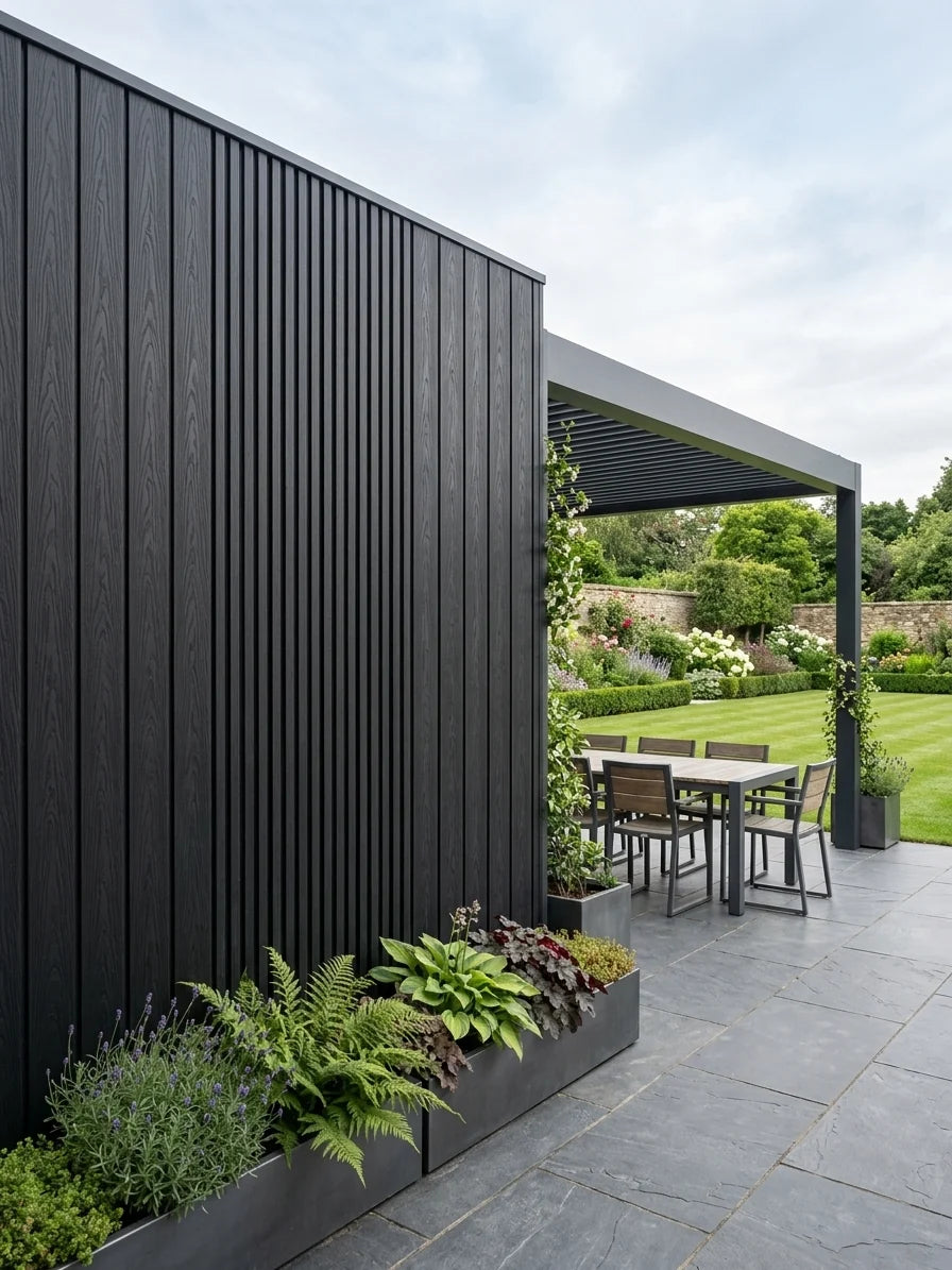 Black composite wall cladding with realistic wood-grain finish