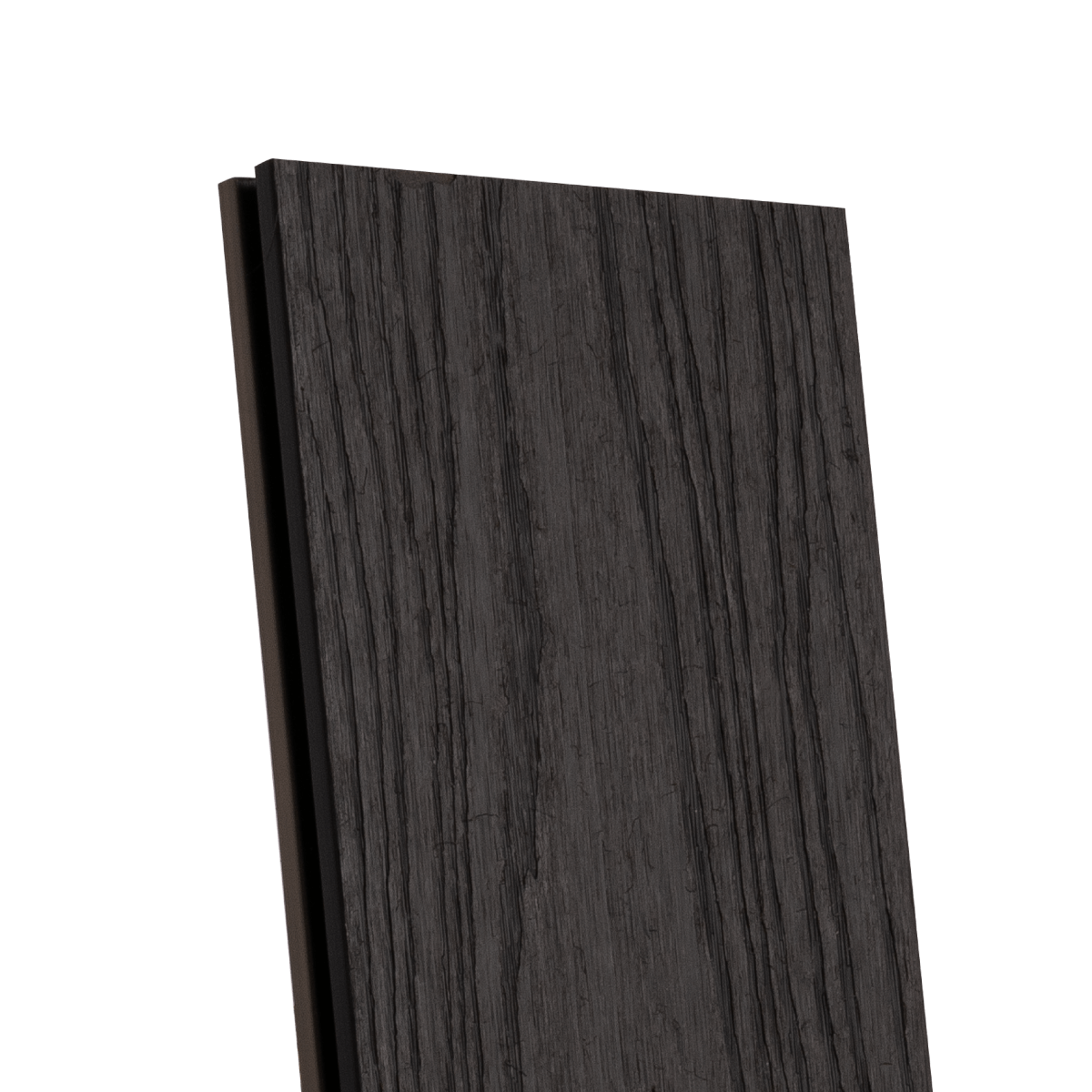 Close-up of wood grain texture on black composite decking