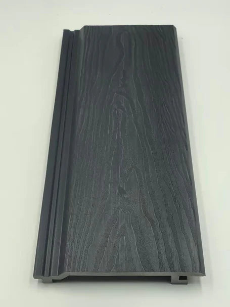 Black composite exterior wall panels with wood-grain texture