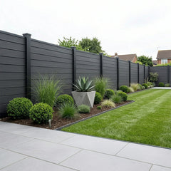 Black composite fence panels installed as a Outdoor home boundary
