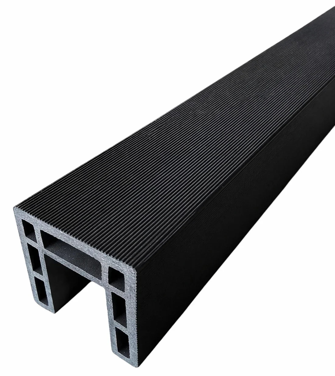 Close-up of black composite fence trim