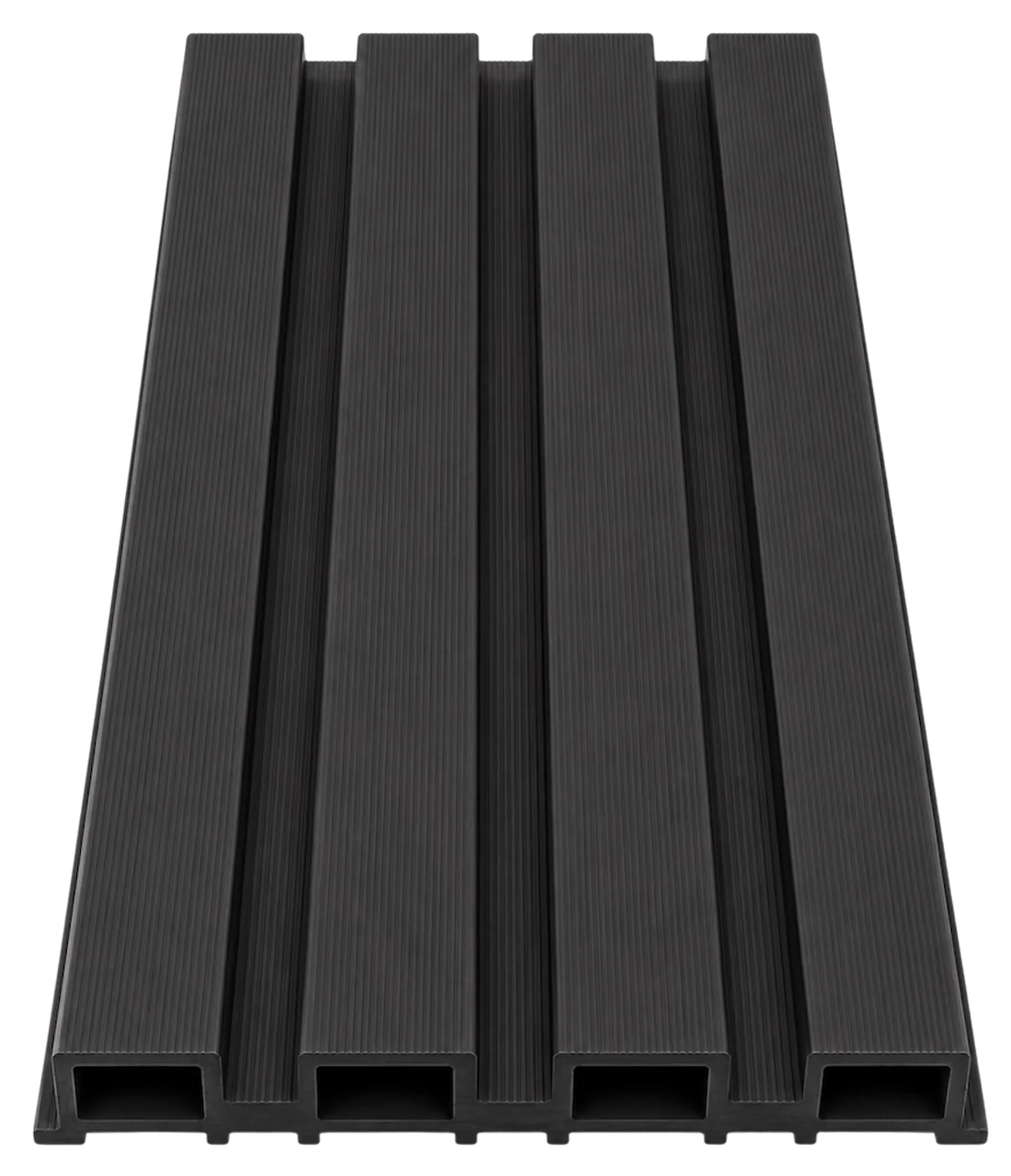 Close-up of black composite exterior wall cladding panel profile