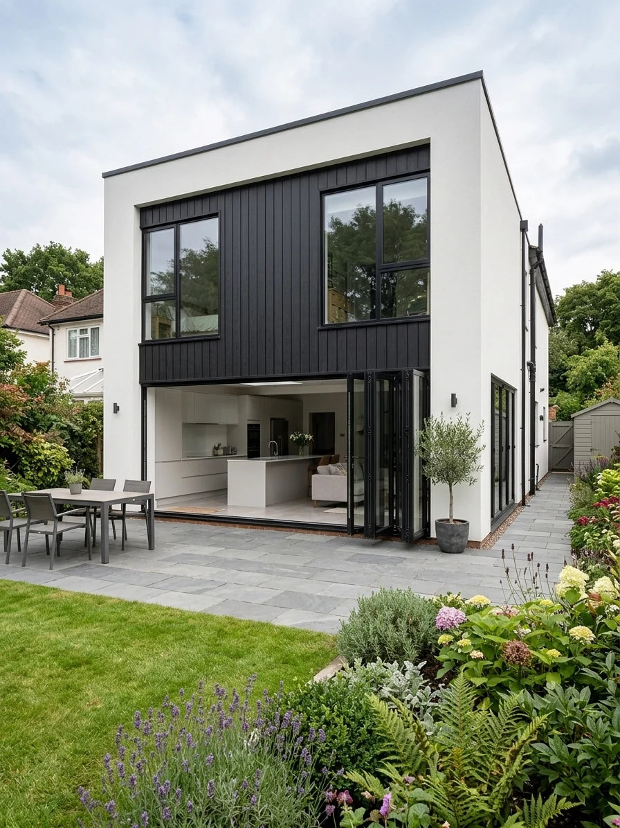 Black interlocking composite cladding used for an exterior feature wall