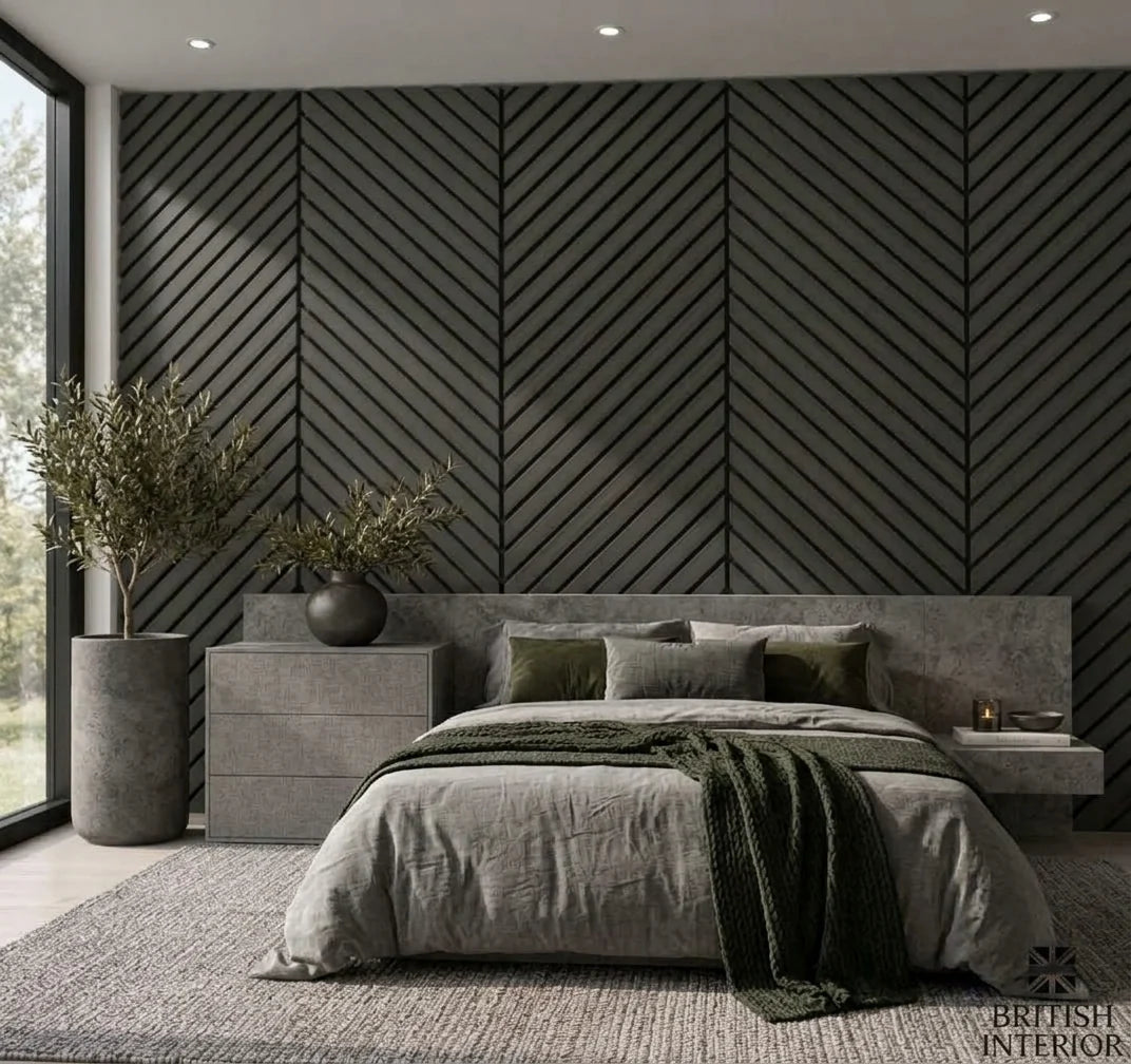 Black acoustic slat panel for an interior feature wall