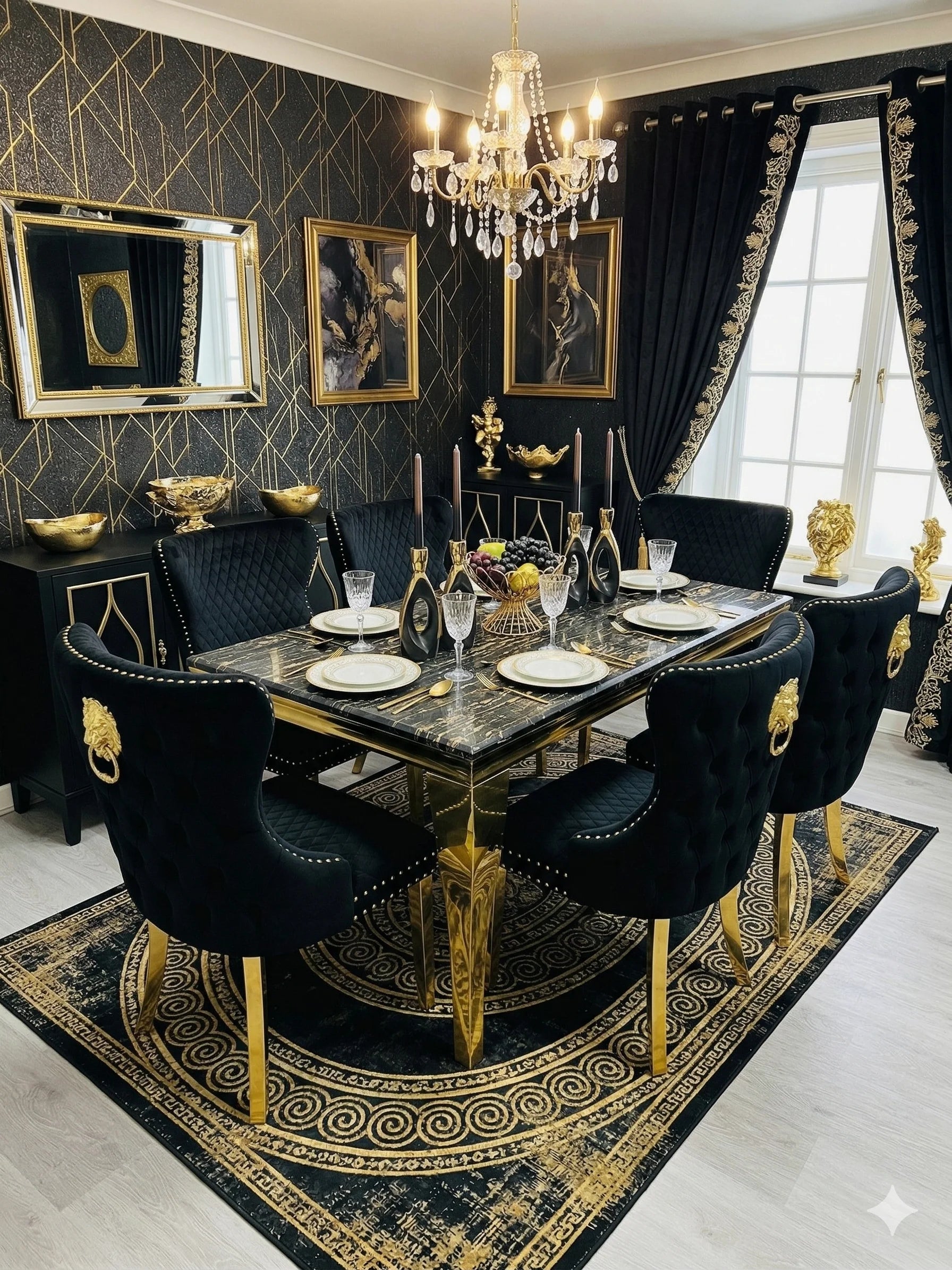 Elegant black and gold marble dining table with Valentino upholstered chairs creating a luxury dining room atmosphere in Surrey, Berkshire and Hertfordshire homes