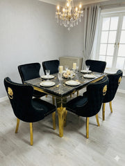 black and gold marble dining table set with Valentino Gold Chairs for premium 6 to 8 seater dining