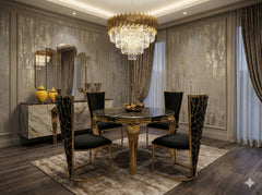 Premium black gold marble dining table with Vienna upholstered chairs creating a designer dining room look in Surrey, Essex and Hertfordshire homes