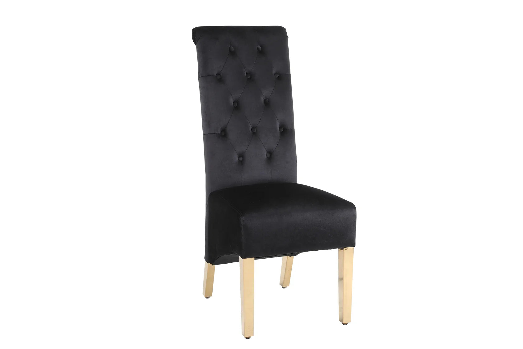Luxury black Sofia dining chair with gold frame and legs, ideal for contemporary dining rooms