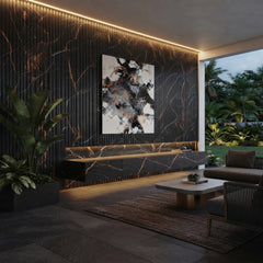 Black and gold WPC feature wall panels in a modern interior