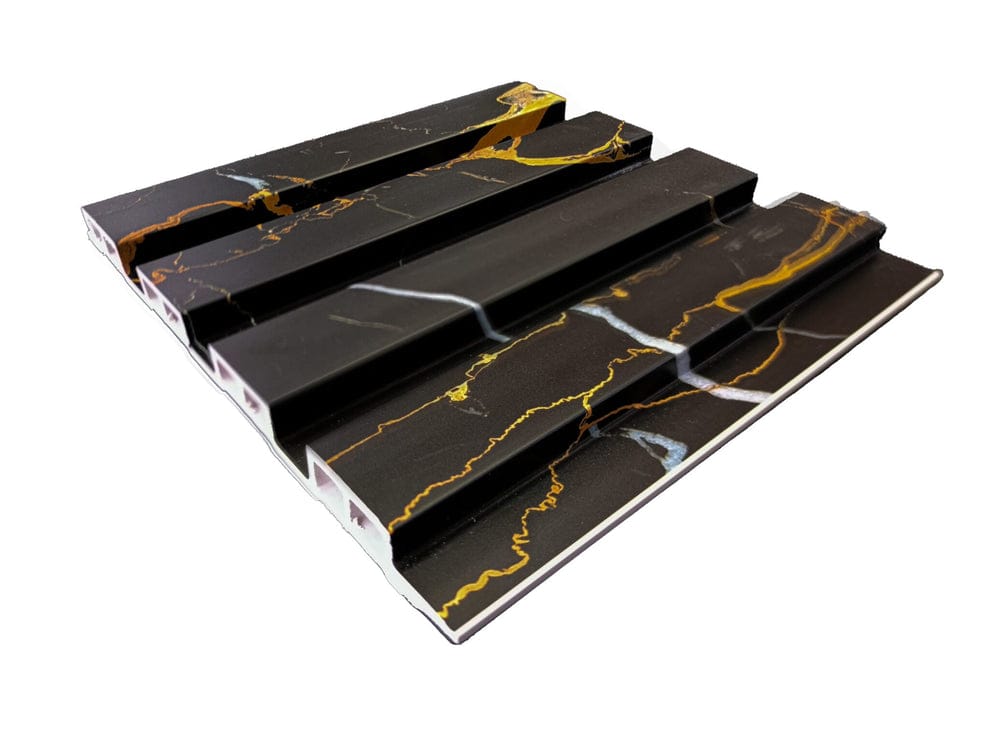 Profile of black and gold WPC slatted wall panel