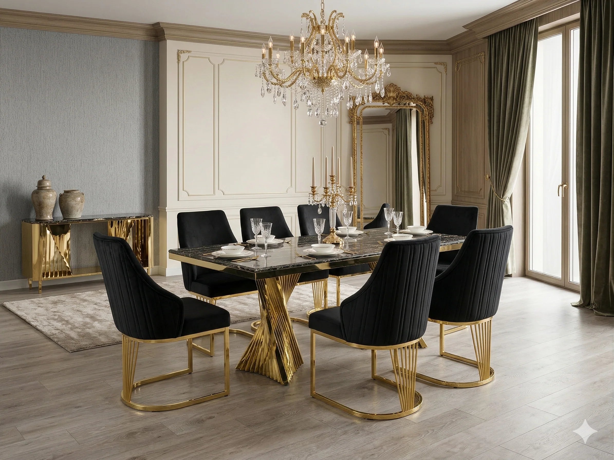 Contemporary cream and gold dining suite for Birmingham dining rooms, combining a polished marble-effect surface with a distinctive geometric gold base and elegant Lasco chairs.