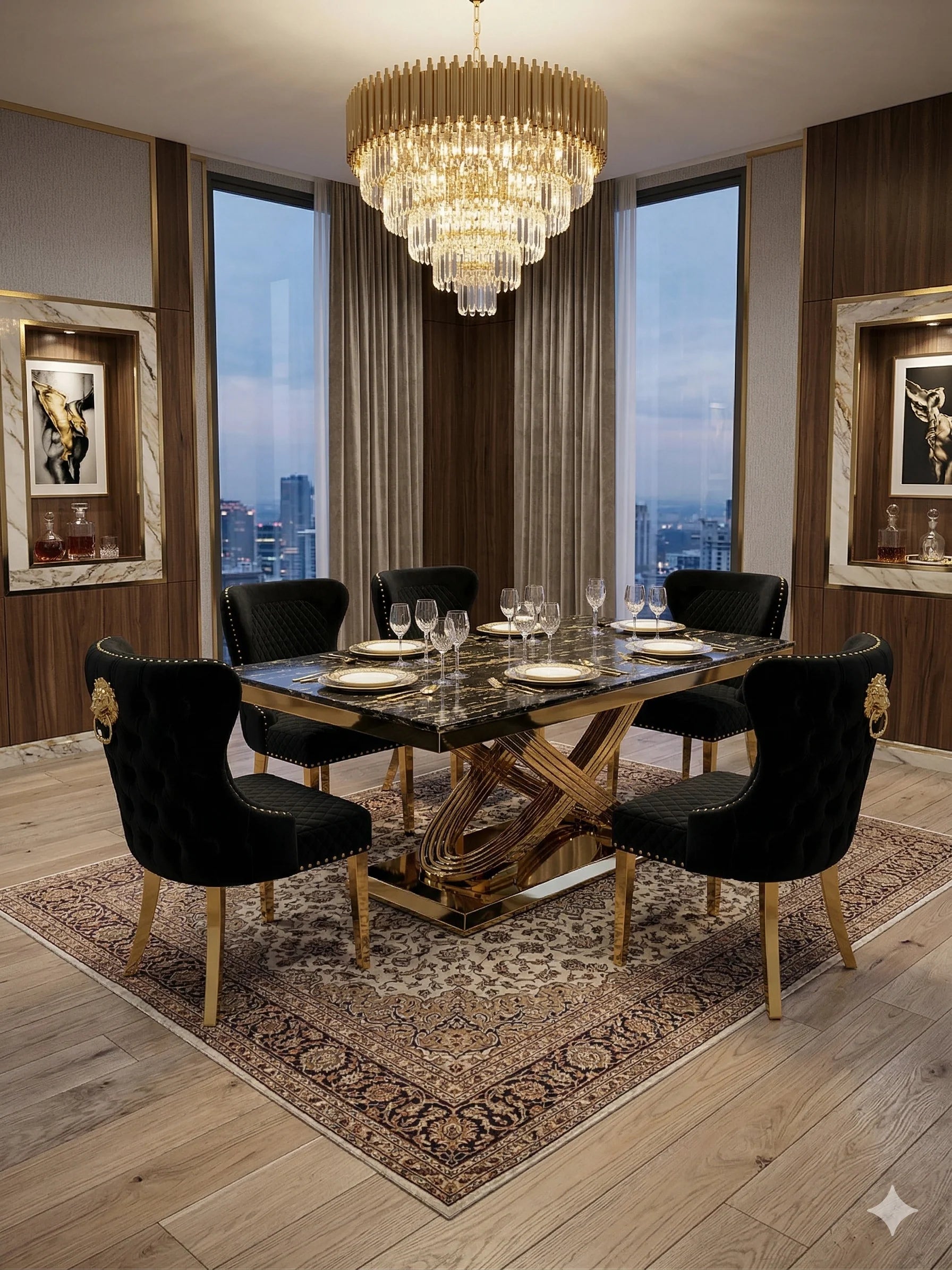 black marble tabletop with a high-gloss polished finish on the Elina luxury dining table