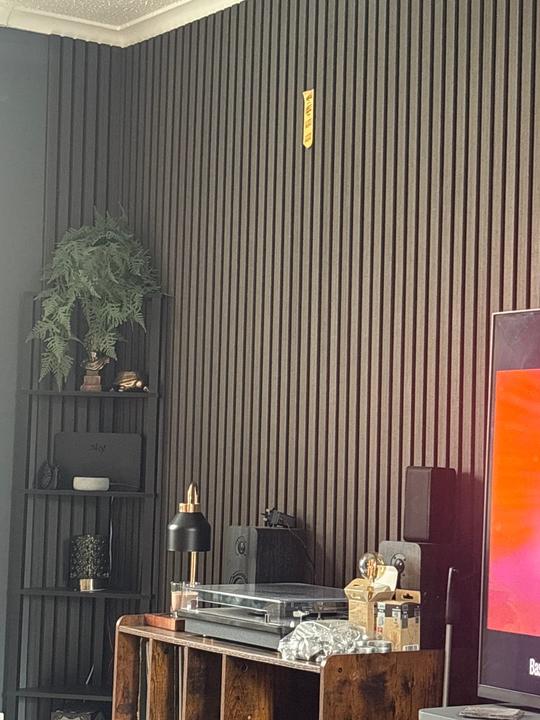 Black Oak acoustic wall panels in living room