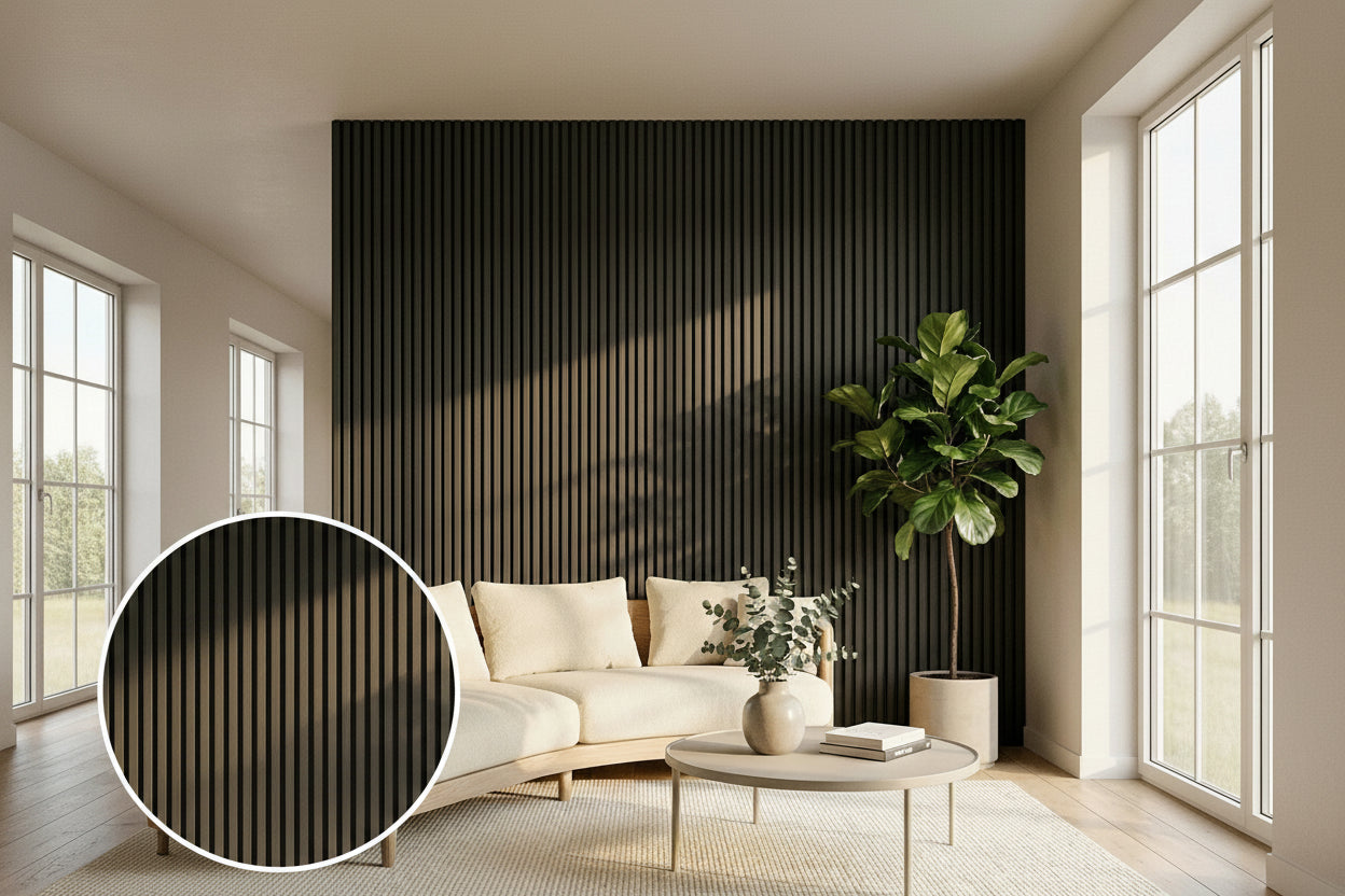 Black Oak acoustic wall panel in living room