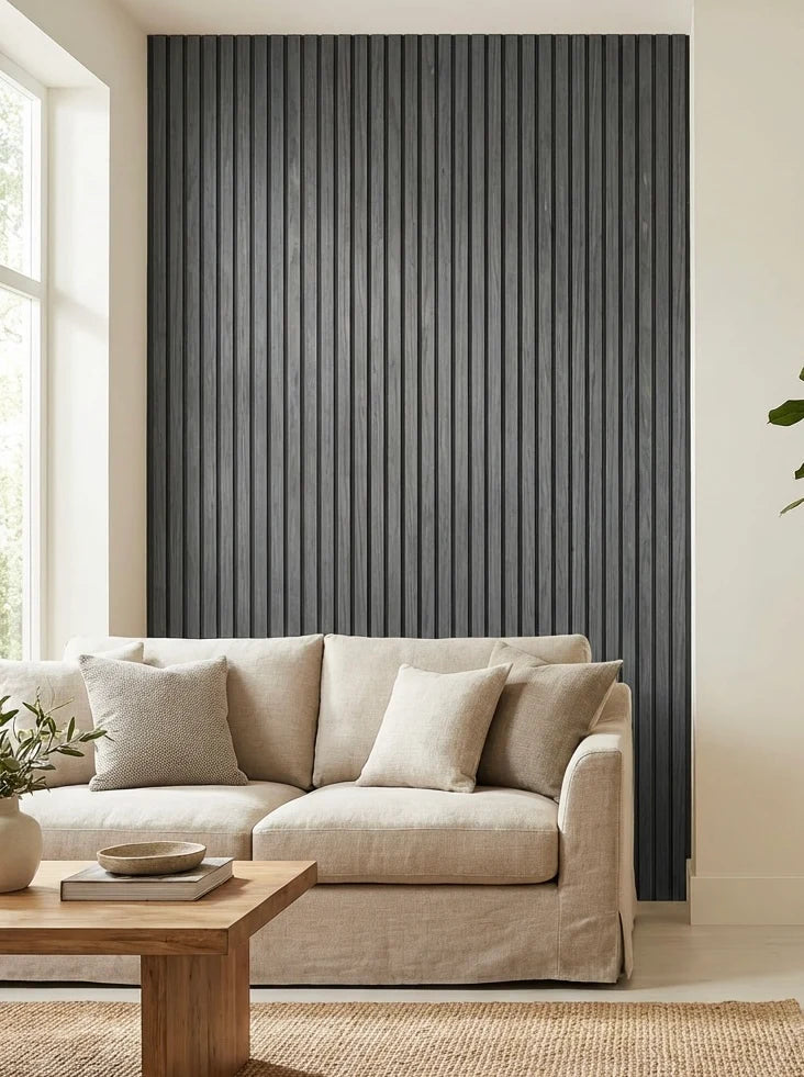 Black Oak wide slat acoustic feature wall