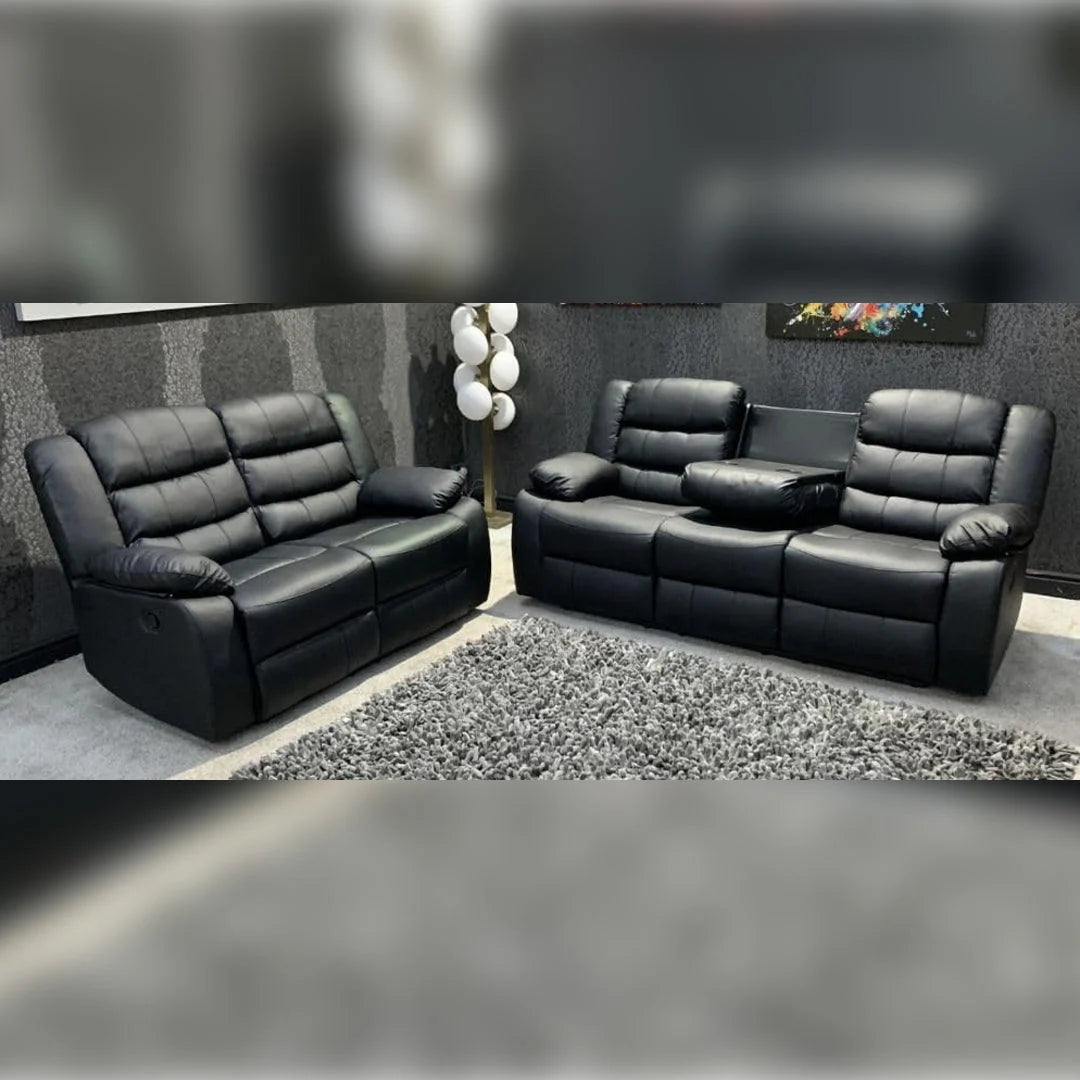Black Ross leather recliner sofa with integrated cupholders