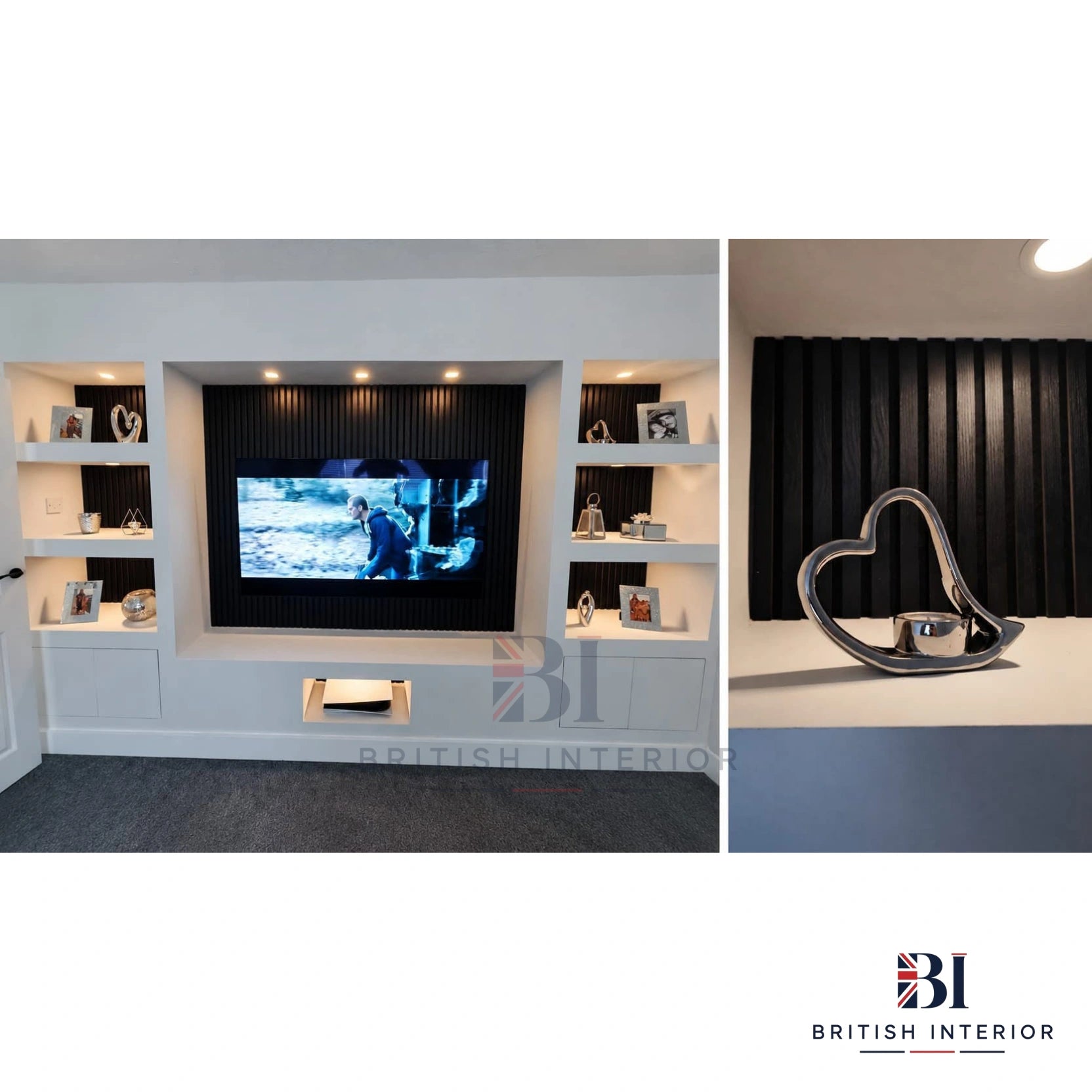 Black slatted wall panel on media wall