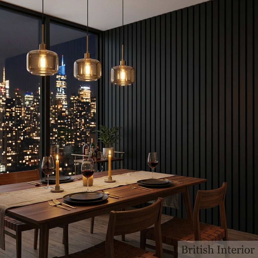 Black acoustic slat wall panels in modern interior