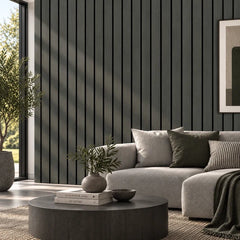 Black wide slat wall panelling in living room