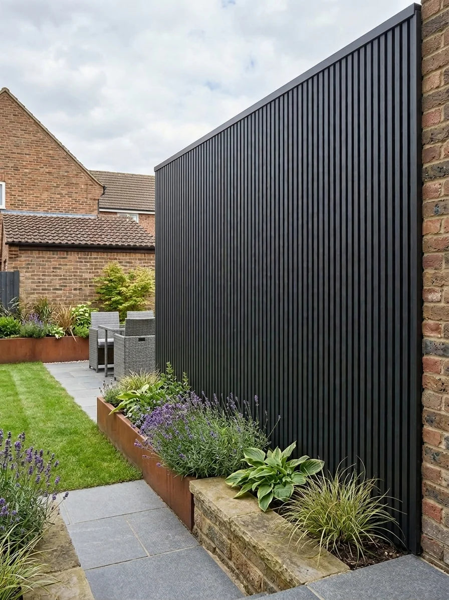 Black WPC exterior wall cladding with contemporary slat profile