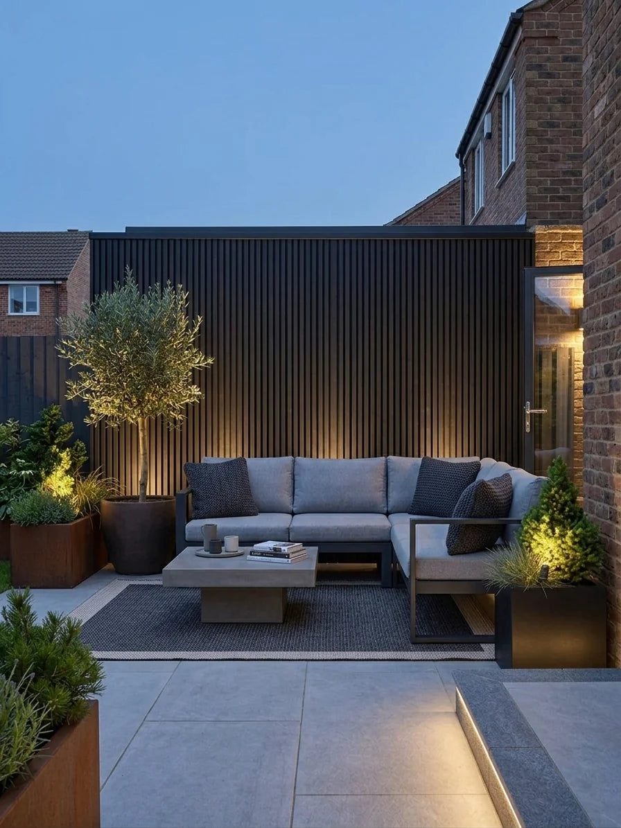 Black WPC wall cladding panels in 290cm length shown on an illuminated exterior wall