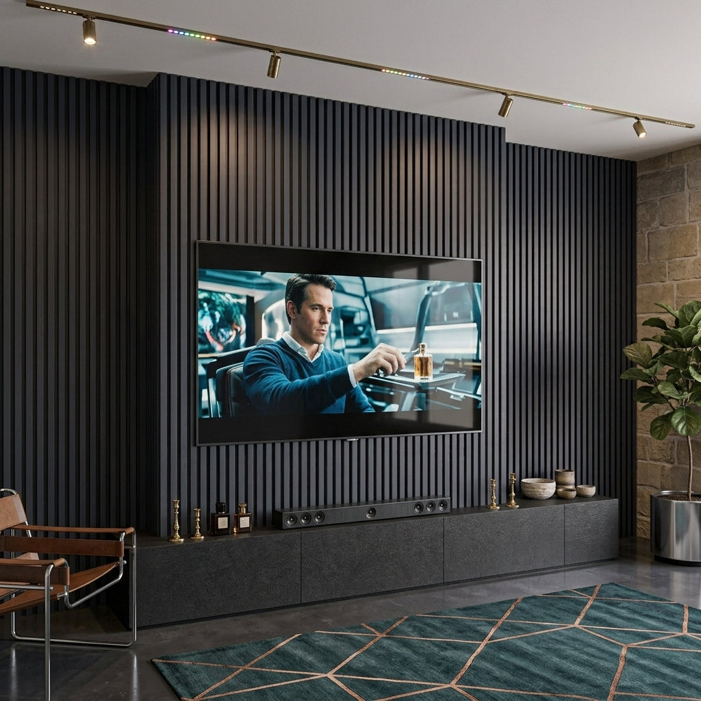 Blue acoustic slat panels used on a home cinema feature wall