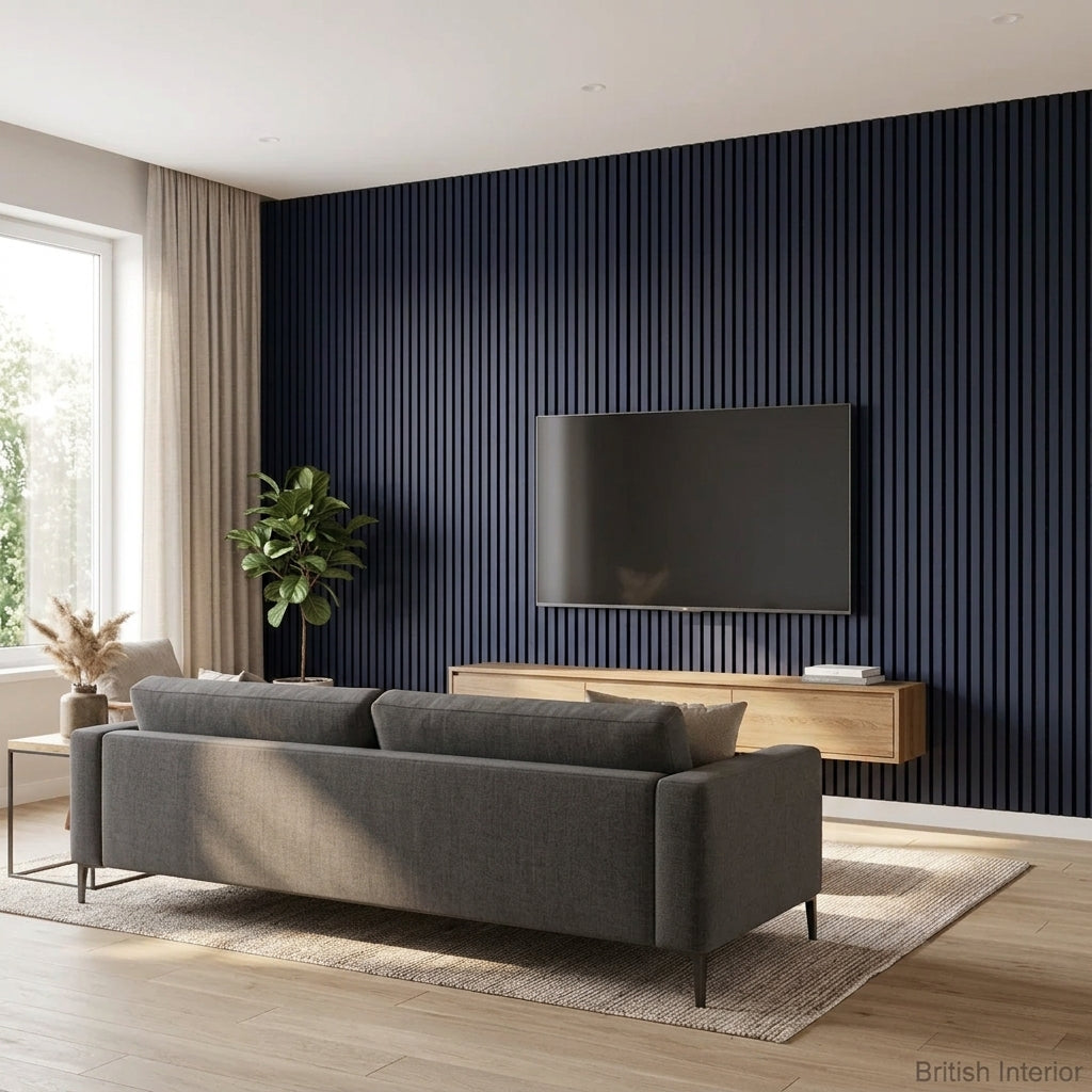 Blue acoustic slat wall panels installed in a modern media room
