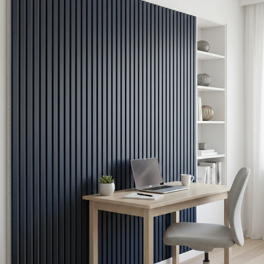 Blue acoustic slat wall panels installed in a modern office interior