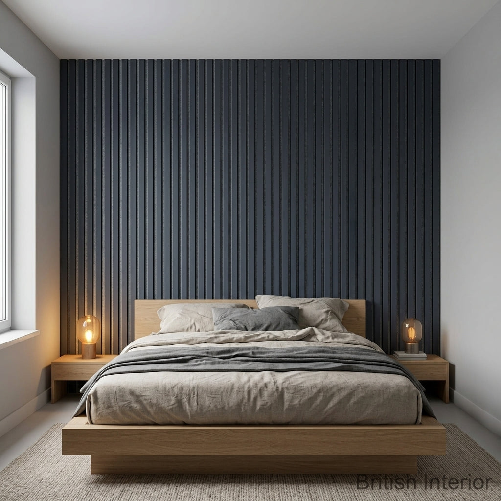 Blue and grey acoustic slat panel bedroom feature wall