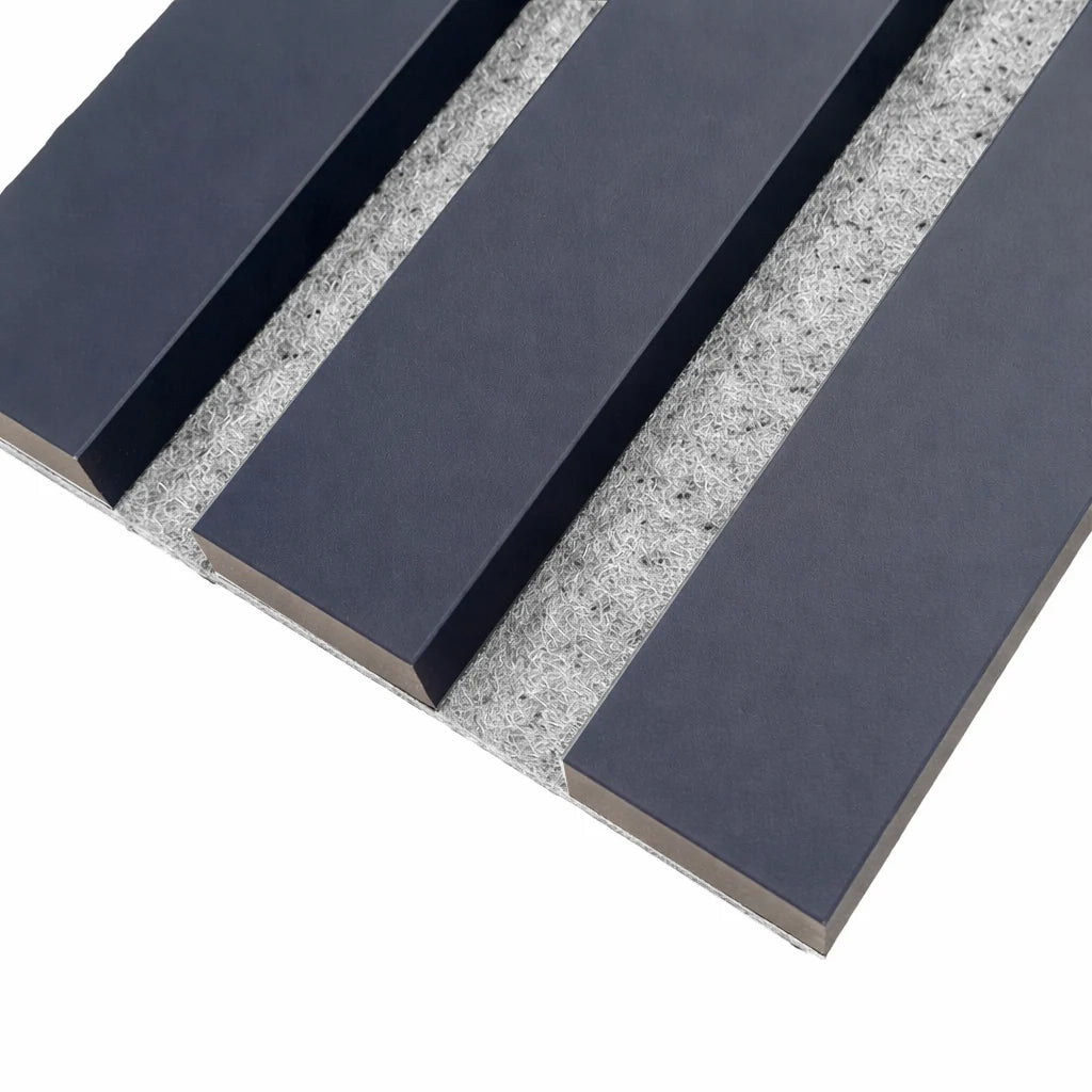 Three-sided colour-wrapped finish on blue acoustic slat panel with Grey felt acoustic backing