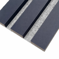 Three-sided colour-wrapped finish on blue acoustic slat panel with Grey felt acoustic backing