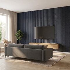 Blue and grey acoustic slat wall panel for a media room