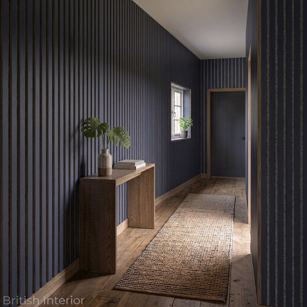 Blue and grey slat wall panel in a modern interior