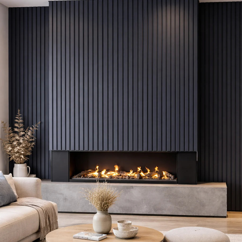 Blue slatted acoustic wall panel in living room
