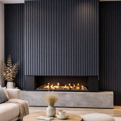 Blue slatted acoustic wall panel in living room