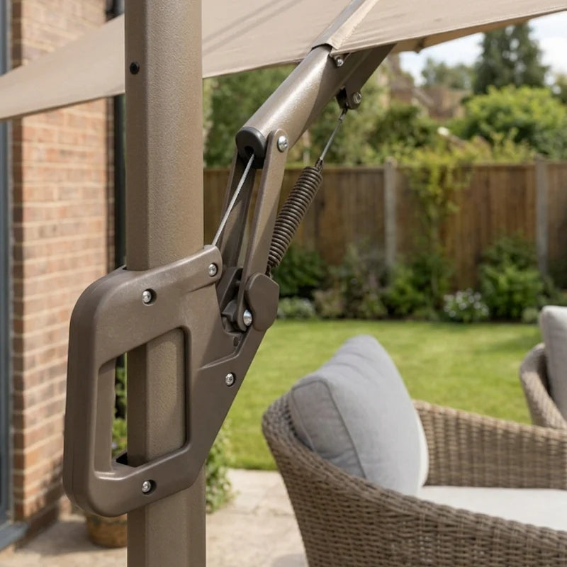 British Interior Camber 3m cantilever parasol combining modern design, durable construction and practical outdoor shade
