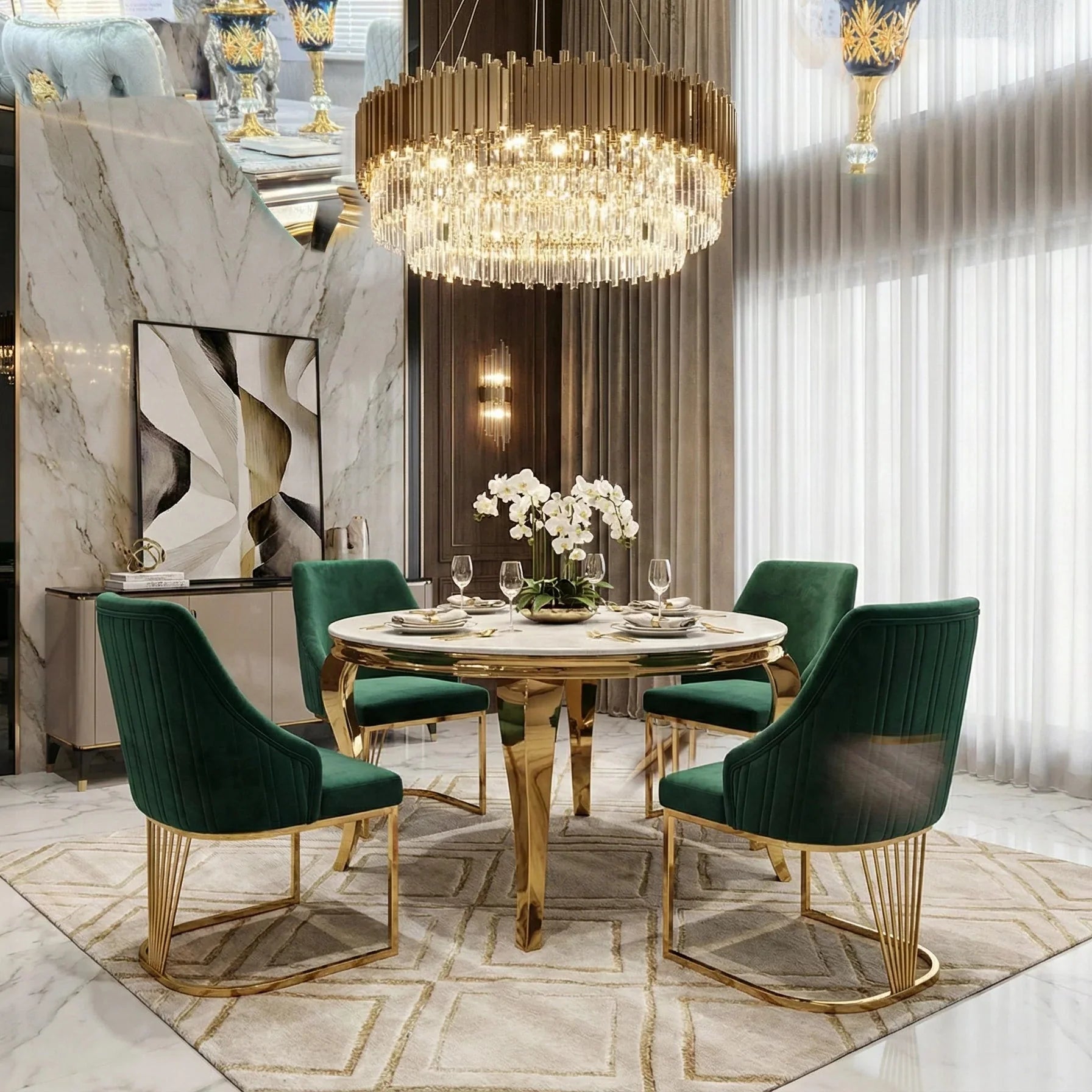 Sofia Cream Gold Marble Dining Table with Lasco Chairs creating a prestige dining experience for luxury London residences, penthouses, and designer interiors.