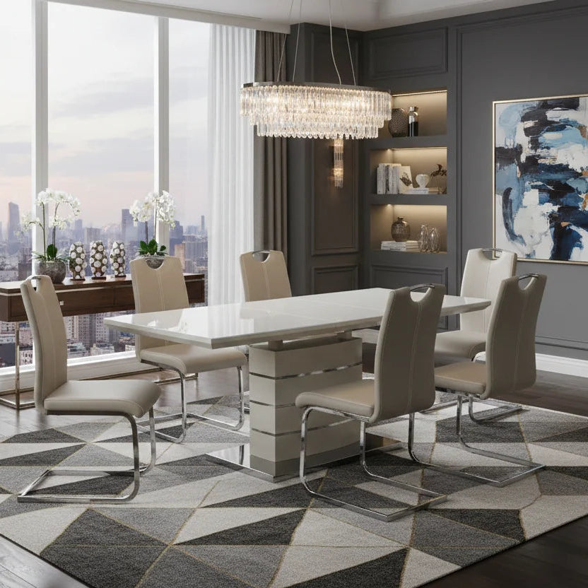 Cappuccino extending dining table with six matching chairs for stylish modern homes
