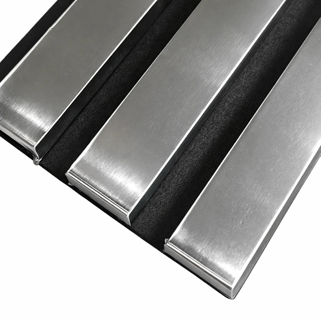 Detailed chrome acoustic slat wall panel finish and spacing