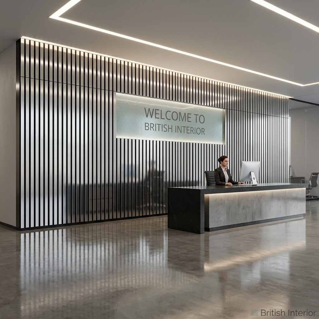 Chrome acoustic slat wall panel in a modern interior