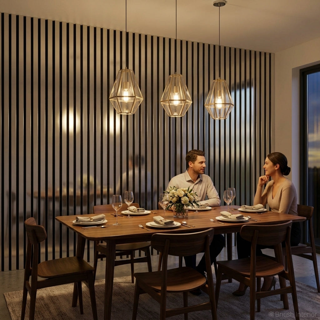 Chrome acoustic slat wall panel for a modern living room