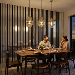 Chrome acoustic slat wall panel for a modern living room