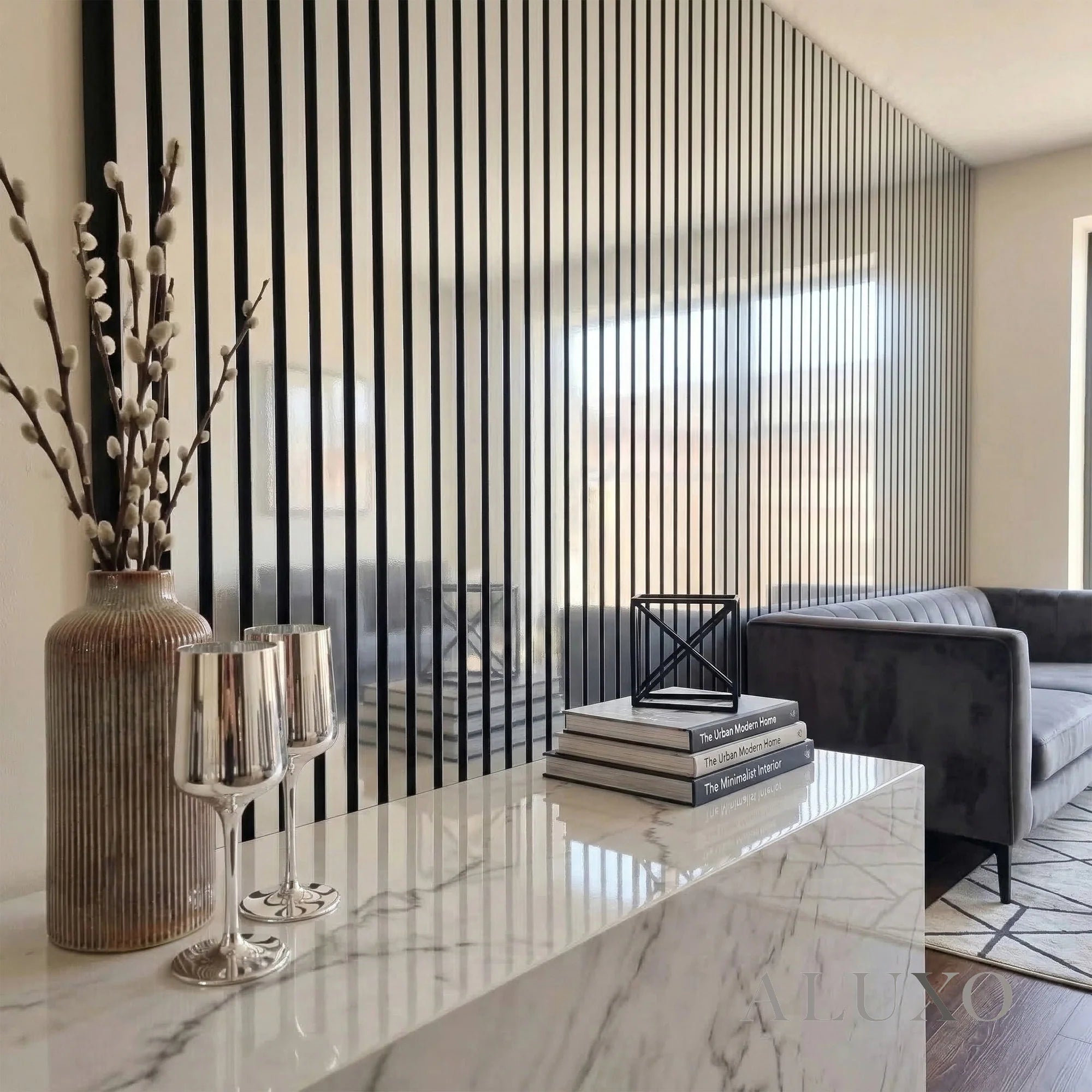 Chrome acoustic slat wall panel for a modern office
