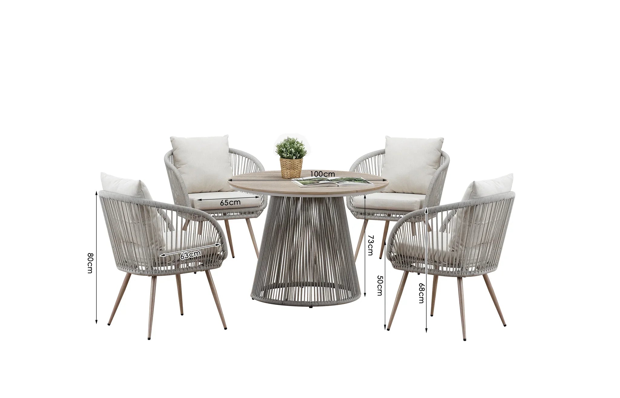 Contemporary outdoor dining set with rust-resistant aluminium frame and realistic wood-effect table