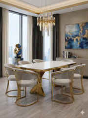 Cream and gold marble dining set with Porado chairs for 6 to 8 people in a modern UK home