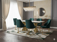Premium cream and gold marble dining furniture for London homes, featuring a high-gloss tabletop, sculptural gold pedestal and coordinated Lasco seating.