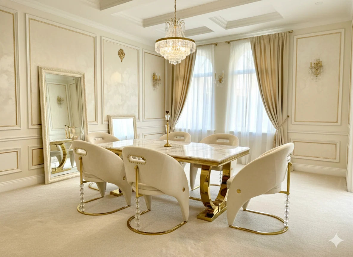 Cream Ariana marble dining table with Vegas chairs, offering generous 6–8 seater capacity and designer styling for Liverpool family dining.
