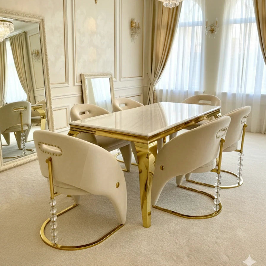 Elegant cream gold marble dining table with upholstered Vegas dining chairs creating a premium dining room interior in Surrey, Essex and Hertfordshire homes