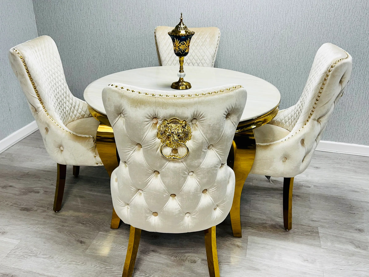 Bespoke cream gold marble dining table with Victoria lion knocker chairs for elegant dining rooms in Cobham, Sevenoaks and Beaconsfield UK