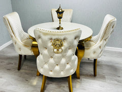 Bespoke cream gold marble dining table with Victoria lion knocker chairs for elegant dining rooms in Cobham, Sevenoaks and Beaconsfield UK